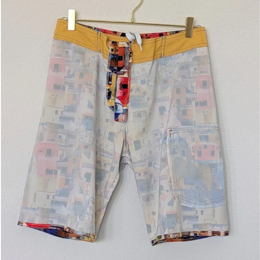 Nonwe Mediterranean Village Print Board Shorts Mens 28 Multi Color Swim Trunks